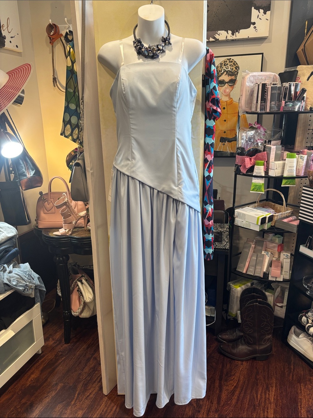 Light Blue Maxi Dress with Asymmetrical Bodice